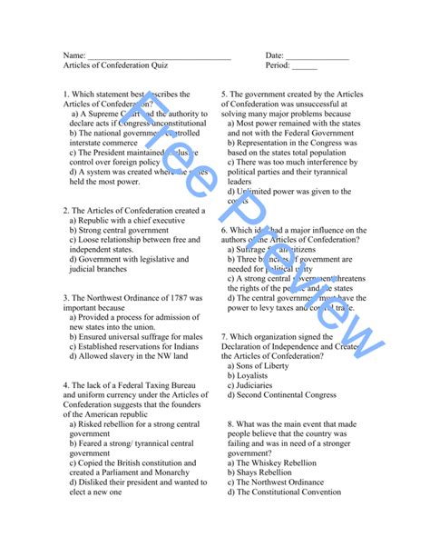 8th grade articles of confederation worksheet answers